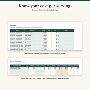Recipes tab with sample ingredient lines above the Recipe Summary tab showing cost per batch, price at target margin and price per serving