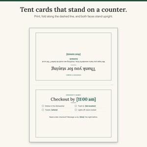 Fold-over tent card page with a thank-you message on one face and a checkout list on the other