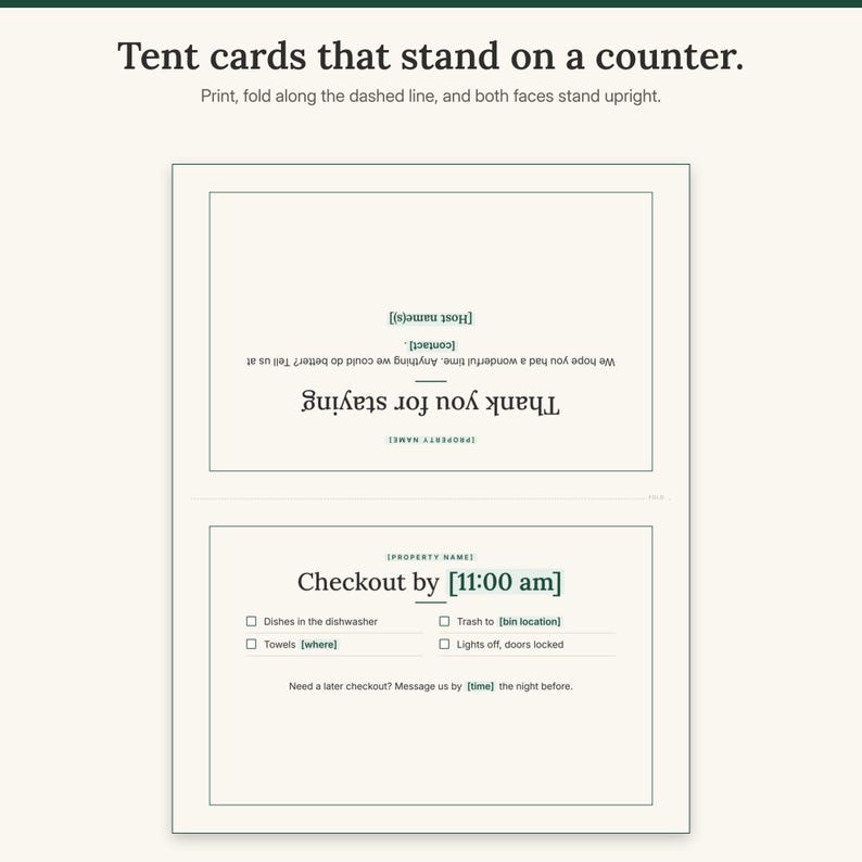Fold-over tent card page with a thank-you message on one face and a checkout list on the other