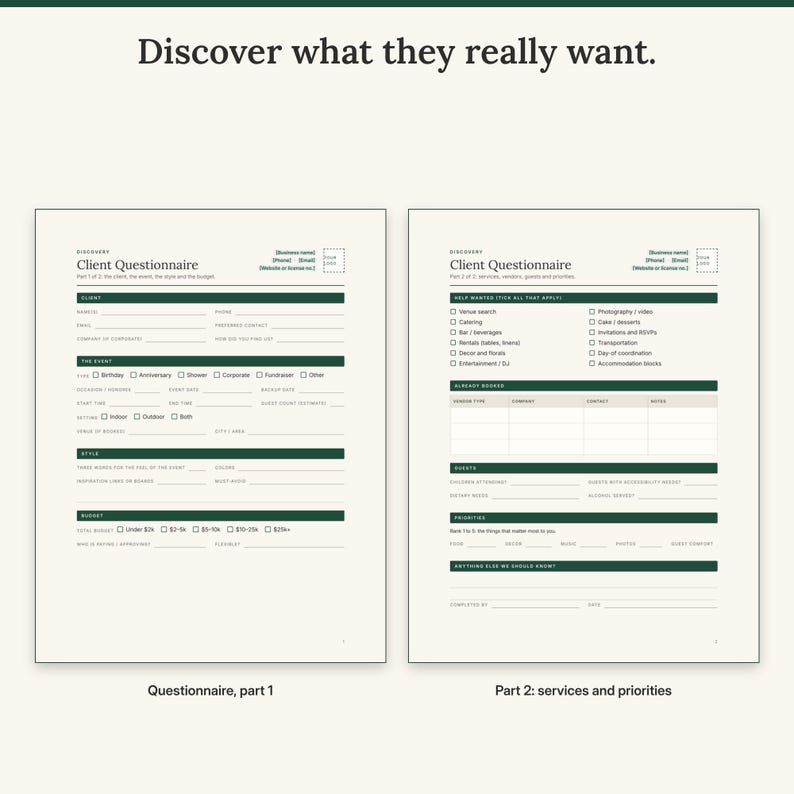 Two-page client questionnaire covering the event, style, budget, services, vendors and priorities