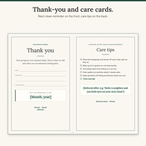 Landscape sheet with a thank-you card showing the next recommended clean and a care tips card