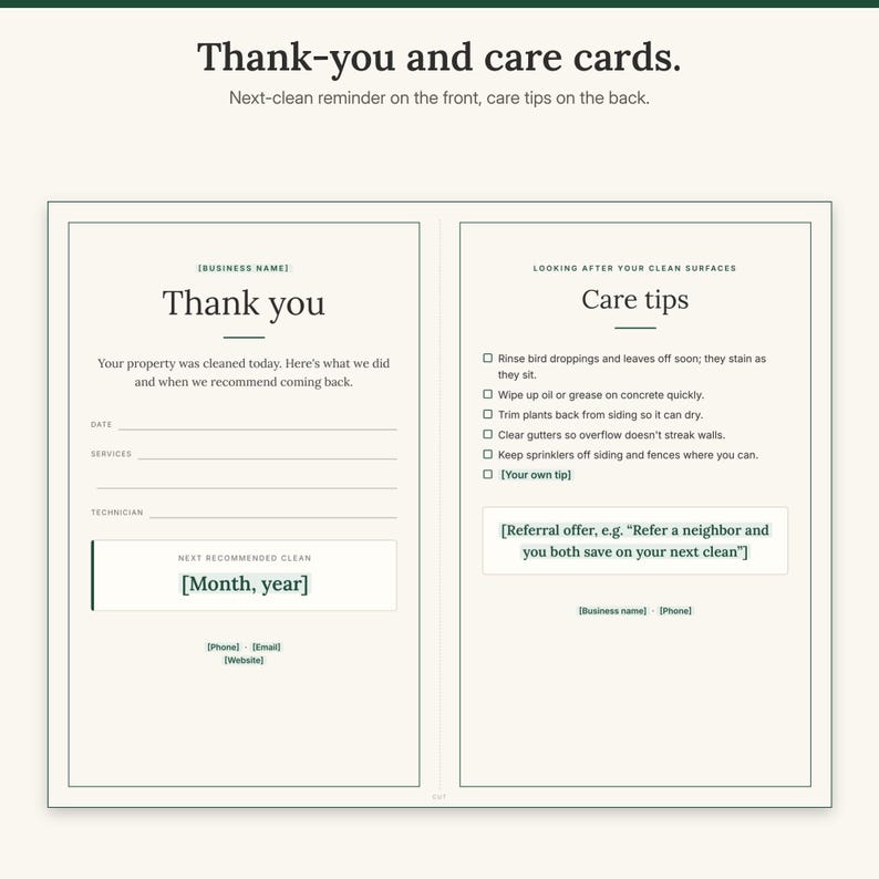 Landscape sheet with a thank-you card showing the next recommended clean and a care tips card