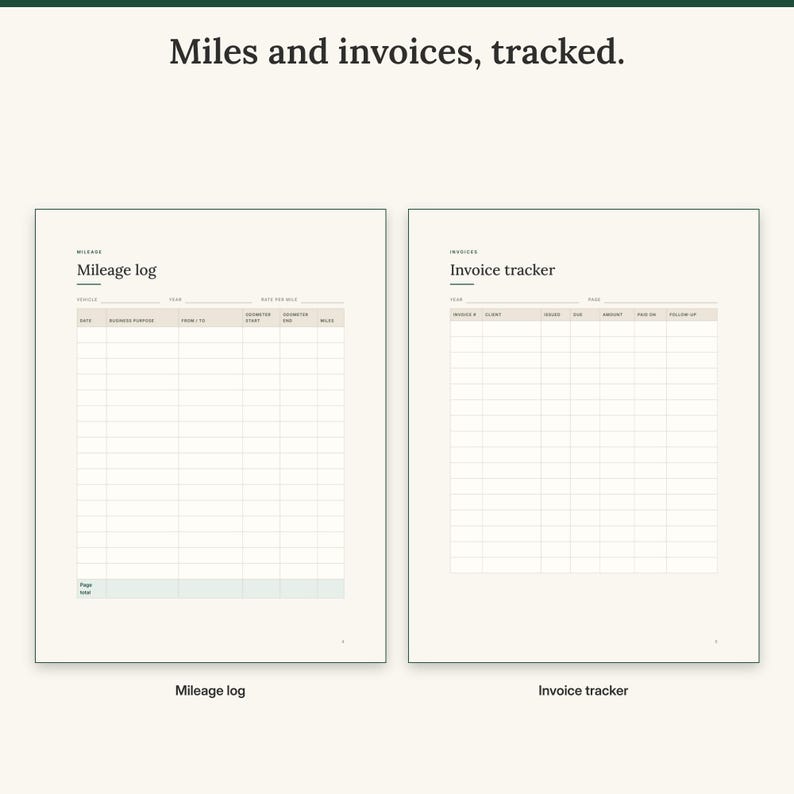 Printable mileage log with odometer columns next to the invoice tracker