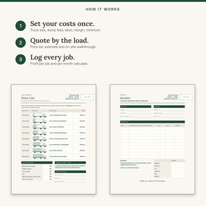 Three steps: set your costs once, quote by the load, then log every job, shown with the price list and invoice