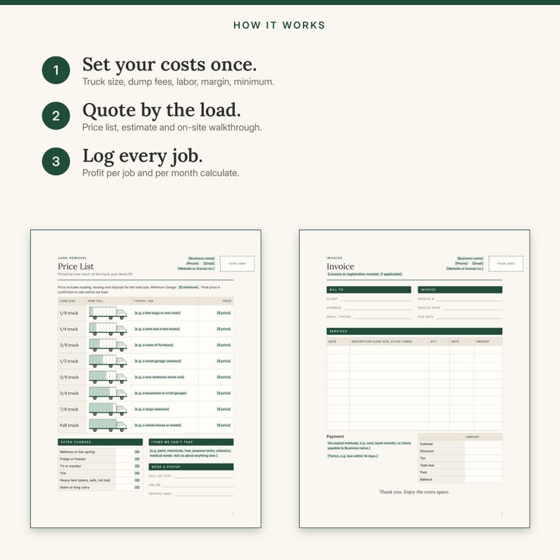 Three steps: set your costs once, quote by the load, then log every job, shown with the price list and invoice