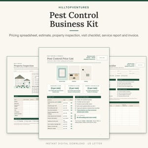 May include: A Pest Control Business Kit featuring a pricing spreadsheet, estimate, property inspection, visit checklist, service report, and invoice. The documents include tables, checkboxes, and diagrams for tracking pest control services.