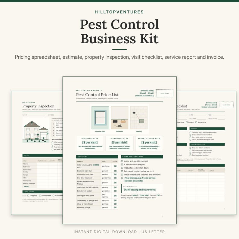 May include: A Pest Control Business Kit featuring a pricing spreadsheet, estimate, property inspection, visit checklist, service report, and invoice. The documents include tables, checkboxes, and diagrams for tracking pest control services.