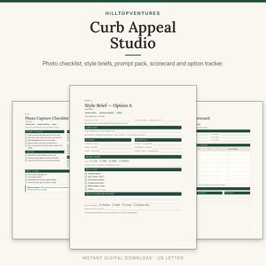 Curb Appeal Studio cover showing a style brief page in front of the photo checklist and comparison scorecard