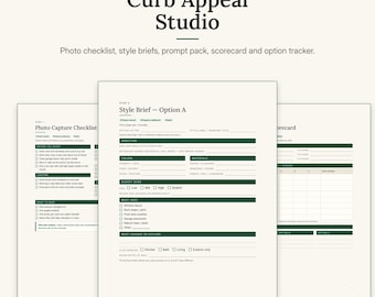 Könnte beinhalten: Ein digitales Dokumentenset mit dem Titel Curb Appeal Studio von HilltopVentures, bestehend aus einer Fotocheckliste, einem Style-Brief für Option A und einer Scorecard. Die Seiten sind cremefarben mit dunkelgrünem Text und Überschriften.