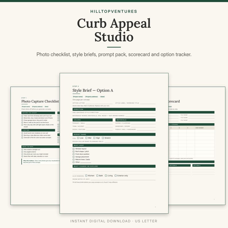 Curb Appeal Studio cover showing a style brief page in front of the photo checklist and comparison scorecard