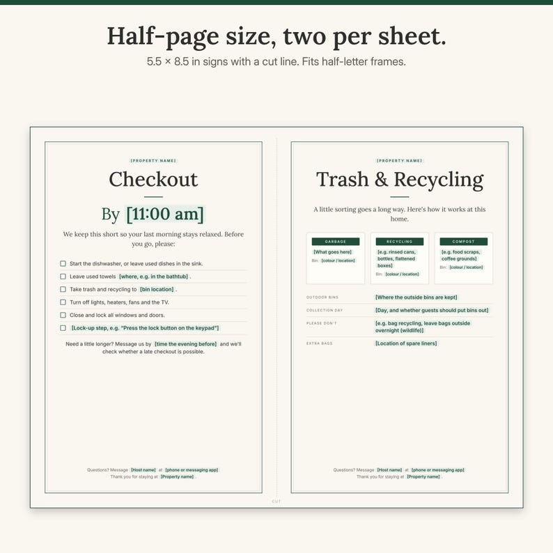 Landscape US Letter sheet with two half-page signs side by side and a dashed cut line