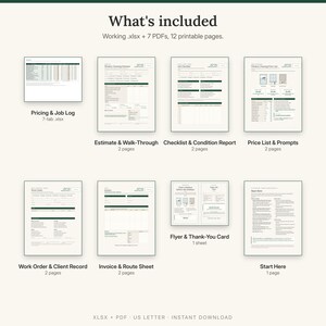 K&ouml;nnte beinhalten: Ein digitales Dokumentenset mit dem Titel What's included, bestehend aus einer .xlsx-Datei und 7 PDFs mit insgesamt 12 druckbaren Seiten. Die Dokumente umfassen Pricing & Job Log, Estimate & Walk-Through, Checklist & Condition Report, Price List & Prompts, Work Order & Client Record, Invoice & Route Sheet, Flyer & Thank-You Card sowie einen Start Here-Leitfaden.