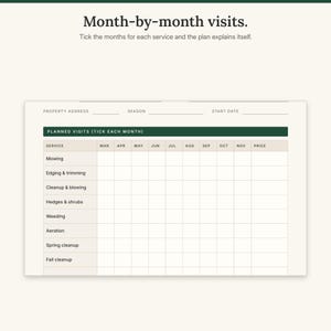 Close-up of the seasonal plan grid with services down the side and March to November across the top