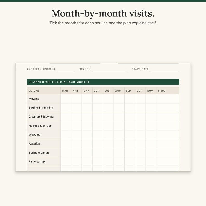 Close-up of the seasonal plan grid with services down the side and March to November across the top