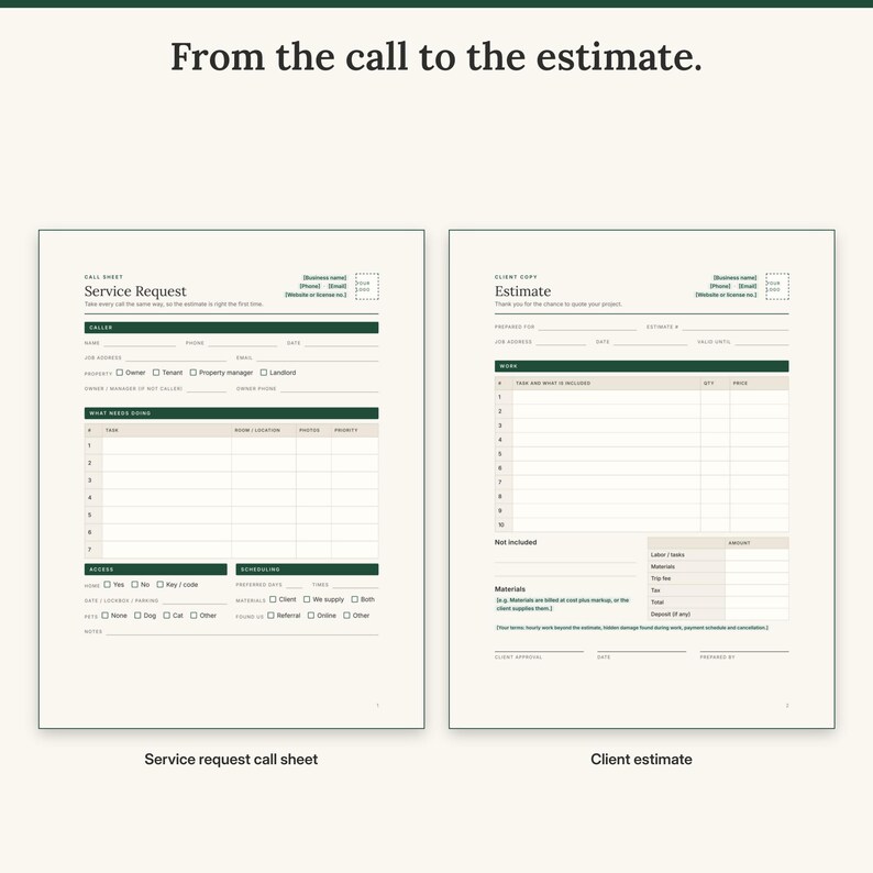 Service request call sheet with a task list next to the client estimate with approval lines