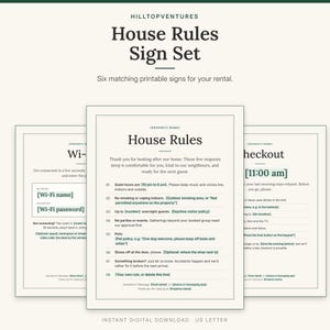 House Rules Sign Set cover showing the printable House Rules sign in front of the Wi-Fi and Checkout signs
