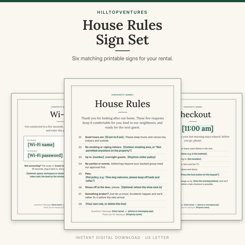 House Rules Sign Set cover showing the printable House Rules sign in front of the Wi-Fi and Checkout signs