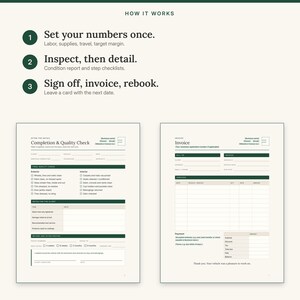 Three steps: set your numbers once, inspect then detail, then sign off, invoice and rebook