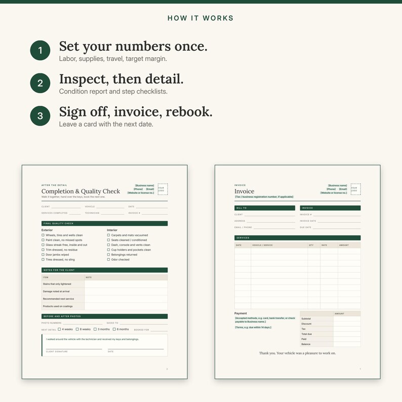 Three steps: set your numbers once, inspect then detail, then sign off, invoice and rebook