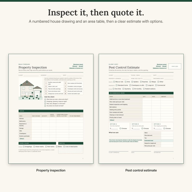 May include: A two-page pest control business form set featuring a Property Inspection sheet with a house diagram and an area table, alongside a Pest Control Estimate sheet with service options, checkboxes, and fields for client details and pricing.