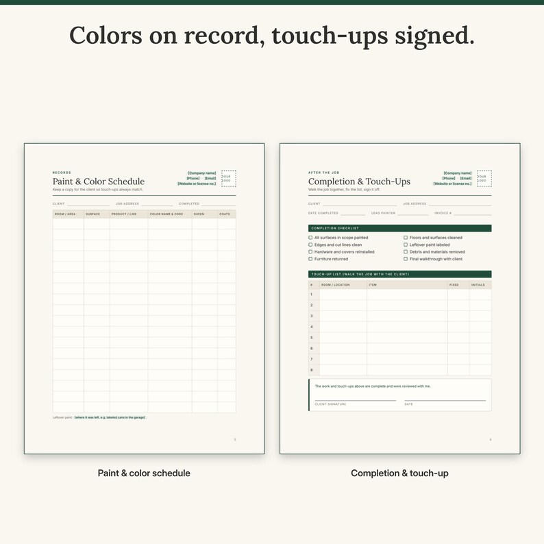 Paint and color schedule next to the completion and touch-up sign-off form