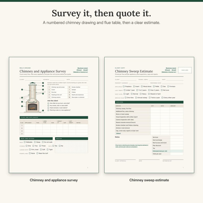 Chimney and appliance survey with a numbered cutaway drawing from cap to hearth and a flue table, next to the chimney sweep estimate