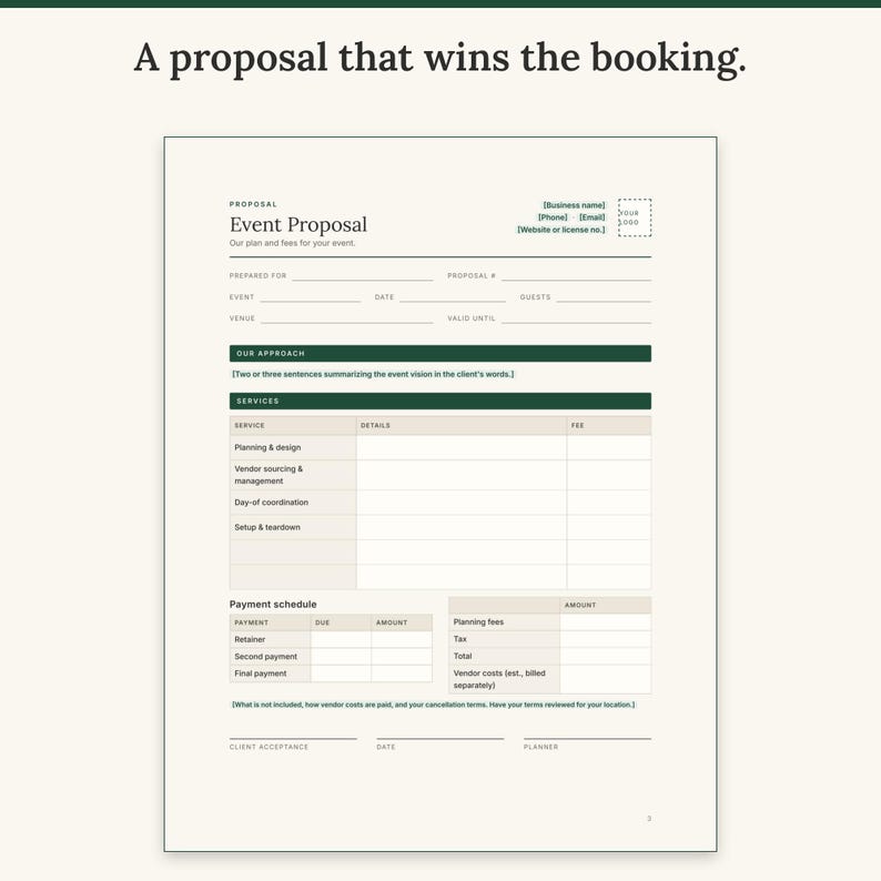 Event proposal with services, fees, payment schedule and acceptance signature lines