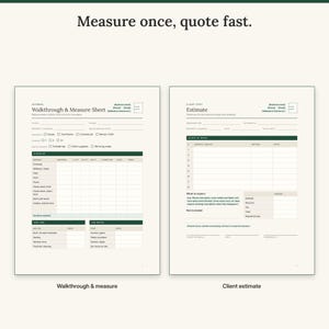 Walkthrough and measure sheet with a surfaces table next to the client estimate with approval lines