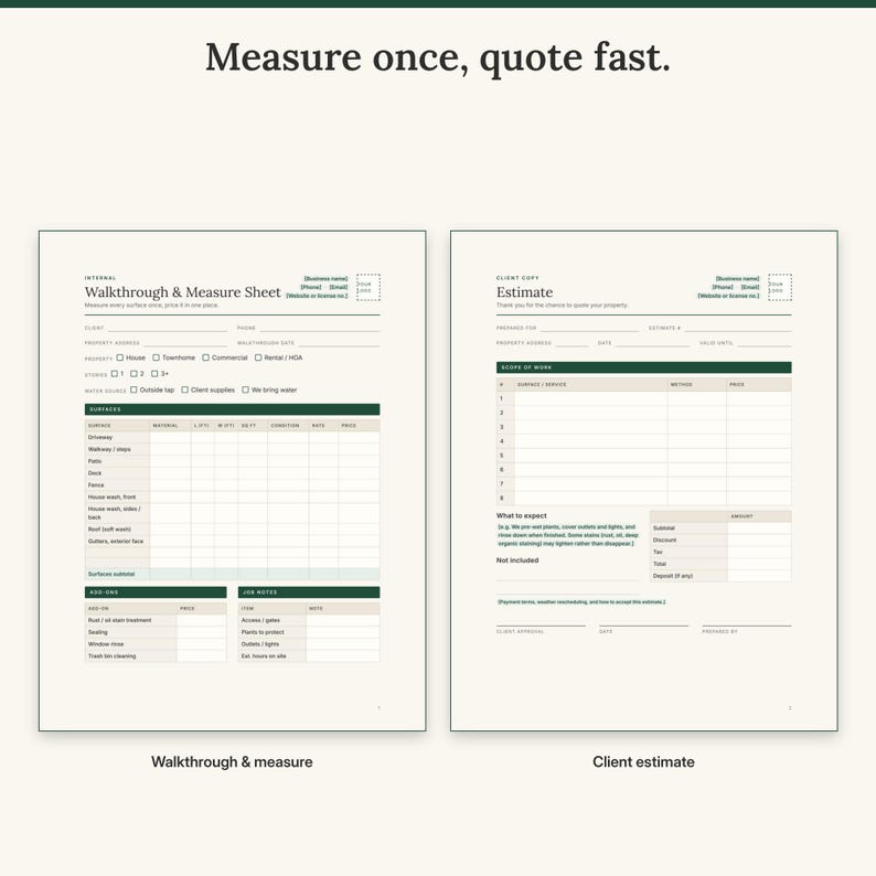 Walkthrough and measure sheet with a surfaces table next to the client estimate with approval lines