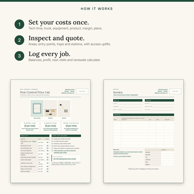 May include: A pest control business document set featuring a How It Works guide, a Pest Control Price List with service categories, and an Invoice template. The documents use dark green text and lines on a light cream background.