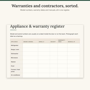 Close-up of the appliance and warranty register with model, serial and warranty columns