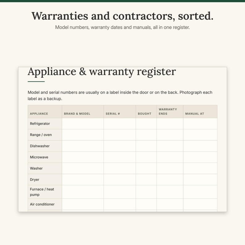 Close-up of the appliance and warranty register with model, serial and warranty columns