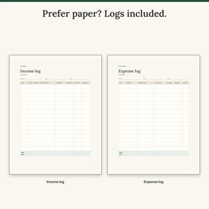 Printable income log next to the printable expense log with page totals