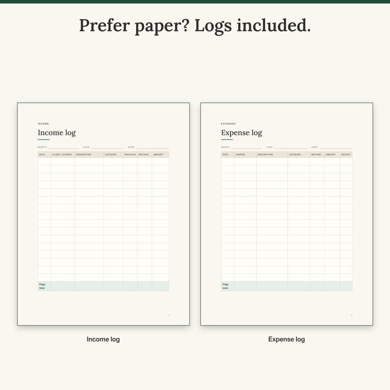 Printable income log next to the printable expense log with page totals