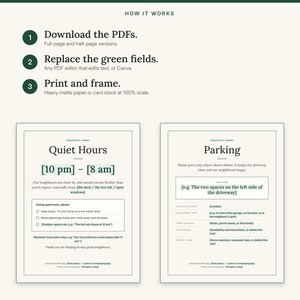 Three steps: download the PDFs, replace the green fields, print and frame, with Quiet Hours and Parking signs
