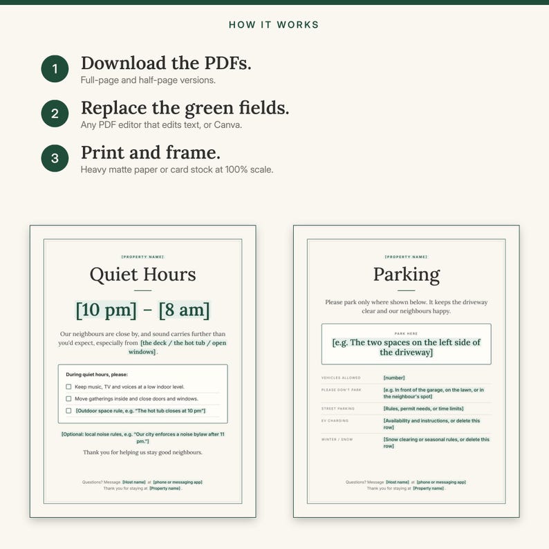 Three steps: download the PDFs, replace the green fields, print and frame, with Quiet Hours and Parking signs