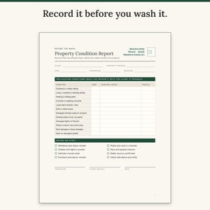 Pre-wash property condition report listing existing damage, photo numbers and a prep checklist