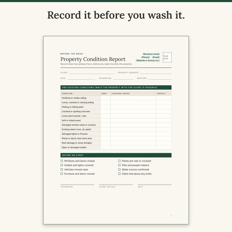 Pre-wash property condition report listing existing damage, photo numbers and a prep checklist