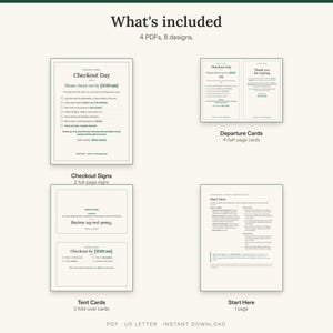 What is included: two checkout signs, four half-page departure cards, two tent cards and a Start Here page