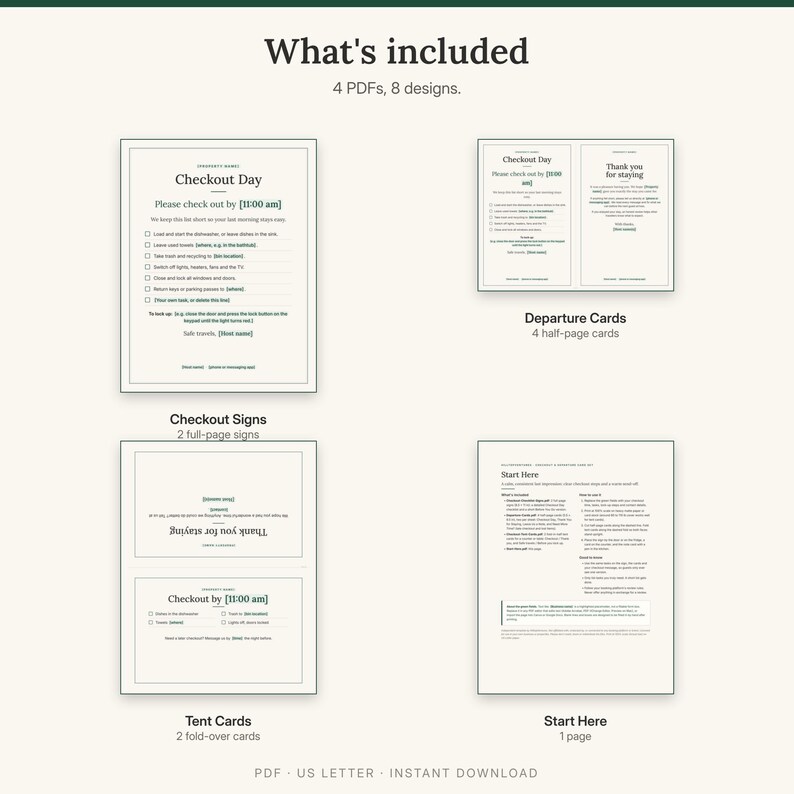 What is included: two checkout signs, four half-page departure cards, two tent cards and a Start Here page