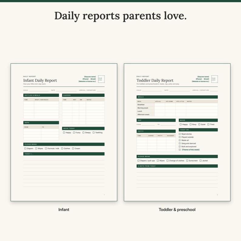 Infant daily report with bottles, diapers and naps next to the toddler and preschool daily report