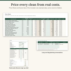 May include: A digital spreadsheet template titled Price every clean from real costs, featuring a Price Sheet table with columns for item names, units, costs, and margins, alongside a Quote tab and a Dryers and vents on this visit table.