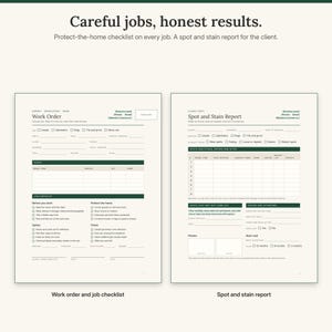 Work order with a protect-the-home and safety checklist next to the spot and stain report with before and after results and drying notes