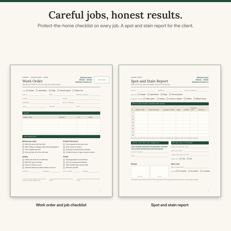 Work order with a protect-the-home and safety checklist next to the spot and stain report with before and after results and drying notes