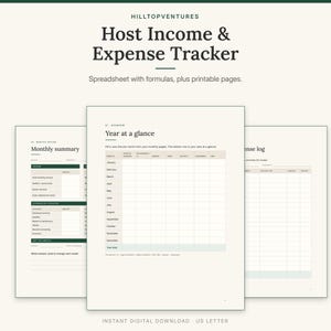Host Income and Expense Tracker cover showing the printable Year at a glance page with the monthly summary and mileage log