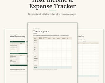Puede incluir: Una hoja de cálculo digital Host Income & Expense Tracker y páginas imprimibles de Hilltopventures. El documento incluye secciones tituladas Year at a glance, Monthly summary y Expense log con columnas para registrar ingresos y gastos.