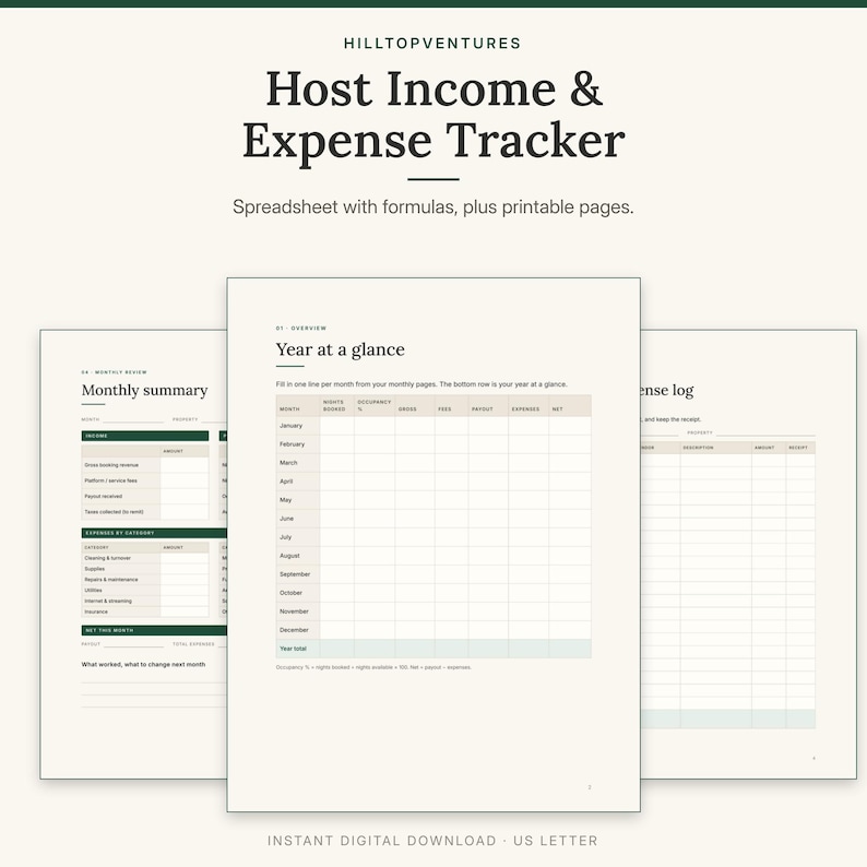 Host Income and Expense Tracker cover showing the printable Year at a glance page with the monthly summary and mileage log
