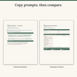 Exterior prompt library page next to the comparison scorecard