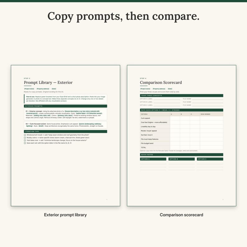 Exterior prompt library page next to the comparison scorecard