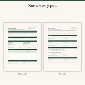 Client profile with emergency contacts, services and pets table next to a one-per-pet profile